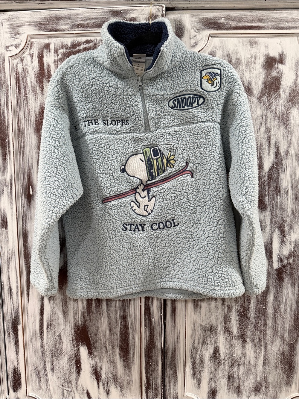 Peanuts Light Blue Sherpa Pullover Jacket with Snoopy Ski Patch